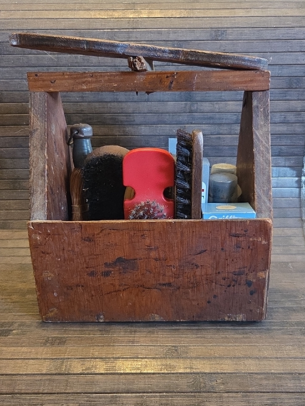 Vintage Wooden Shoe Shine Caddie With Brushes And Accessories  GC